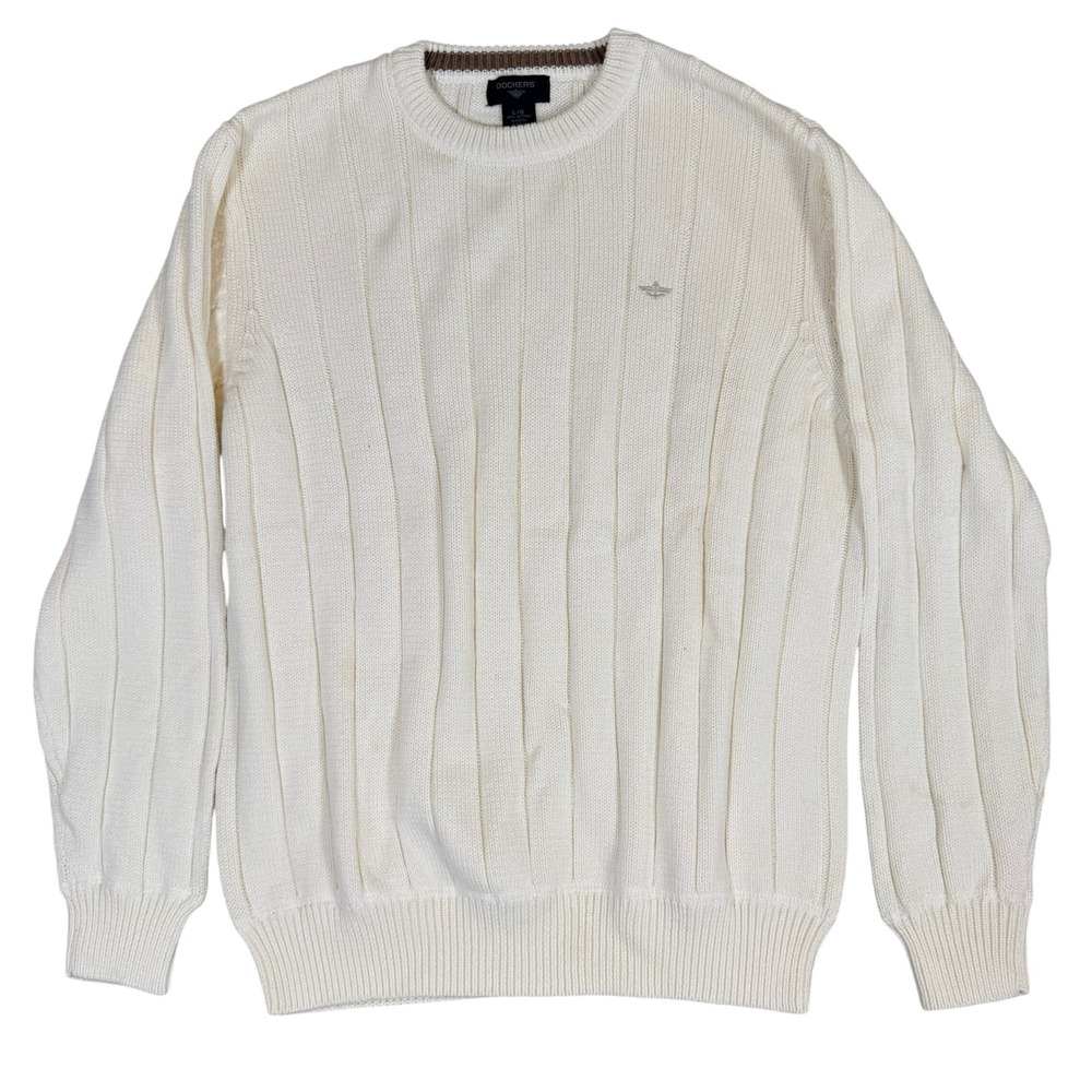 Vtg. Dockers Mens Large Cream Ribbed Cotton Crewneck Sweater Long Sleeve O/W